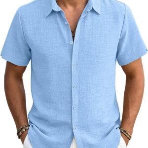 Men's Linen Shirts Casual Lightweight Button Down Shirt Beach Vacation Summer Tops Short Sleeve Stylish Shirt