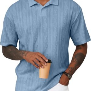 Mens Polo Shirt Textured Knit Button Casual Short Sleeve Summer Vacation Beach Stretchy Golf Shirts