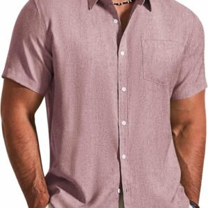 Mens Button Down Shirt Short Sleeve Casual Shirts Summer Beach Textured Shirts with Pocket