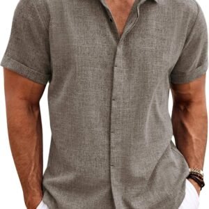 Men's Linen Shirts Short Sleeve Casual Shirts Button Down Shirt for Men Beach Summer Wedding Shirt