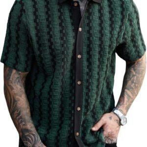 Men's Casual Button Down Shirt Textured Short Sleeve Collared Striped Vintage Beach Summer Shirts
