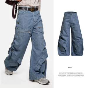 European and American style workwear pants autumn and winter men's mid-stight cotton jeans loose multi-pocket casual pants