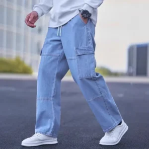 2026 New European and American elastic waist pants men's side pocket straight jeans casual pants