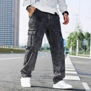 European and American men's overalls, autumn and winter jeans, men's loose multi-pocket casual pants