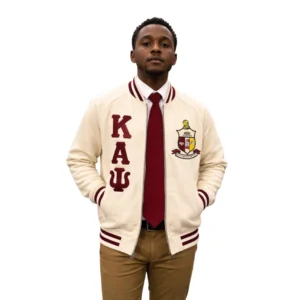 Kappa Alpha Psi Kream-Varsity 羊绒夹克 绒面希腊字母经典联谊会外套