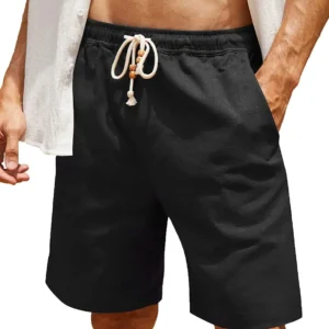 男士大码棉麻休闲短裤带花边设计宽敞口袋适合欧美风格